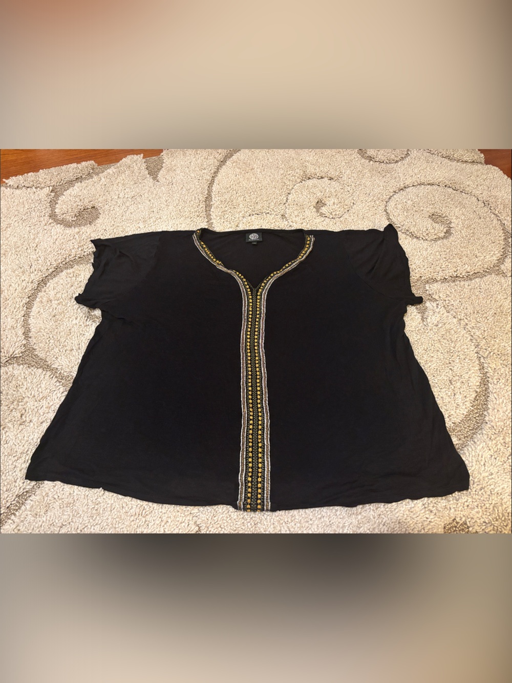 bobeau Black Short Sleeve Top with Gold & Cream Embroidery